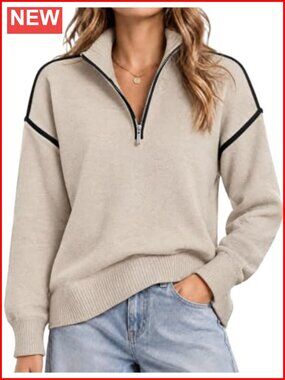Quarter Zip Pullover Sweater Long Sleeve Women's Casual Knit Top
